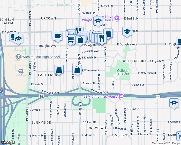 map of restaurants, bars, coffee shops, grocery stores, and more near 250 South Holyoke Street in Wichita
