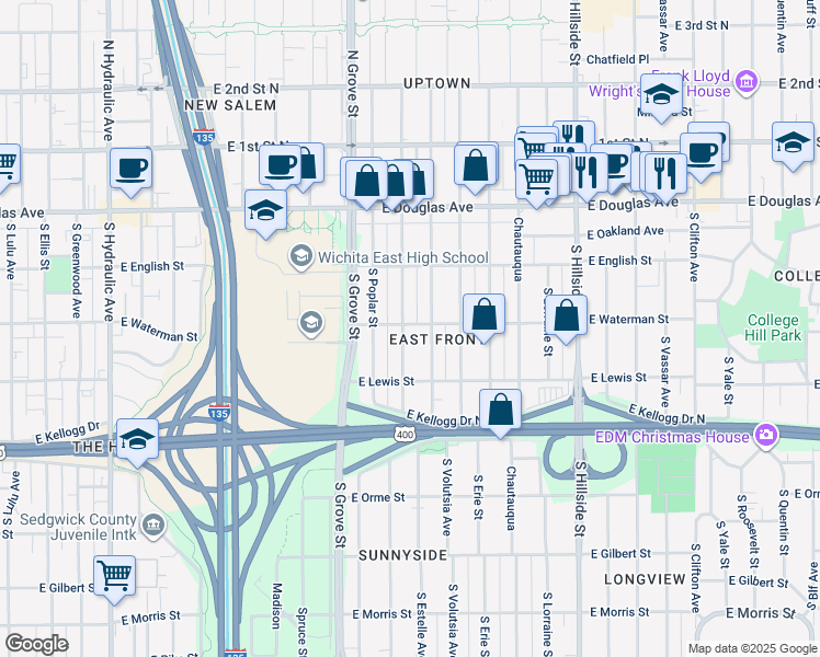 map of restaurants, bars, coffee shops, grocery stores, and more near in Wichita