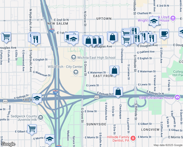 map of restaurants, bars, coffee shops, grocery stores, and more near 234 South Poplar Street in Wichita