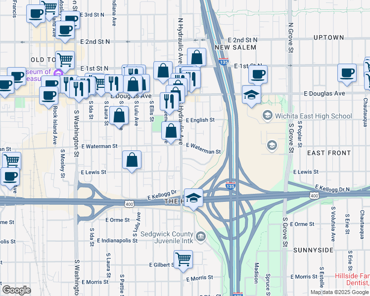 map of restaurants, bars, coffee shops, grocery stores, and more near 1706 East Waterman Street in Wichita