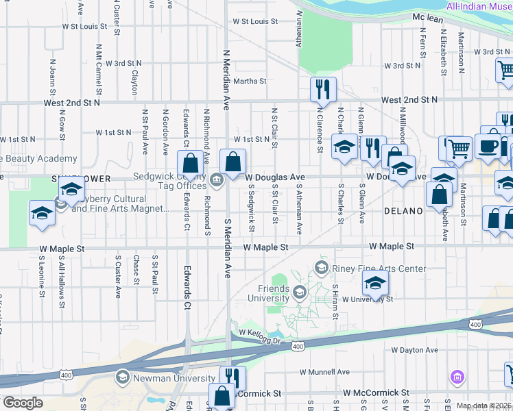 map of restaurants, bars, coffee shops, grocery stores, and more near 124 South Sedgwick Street in Wichita