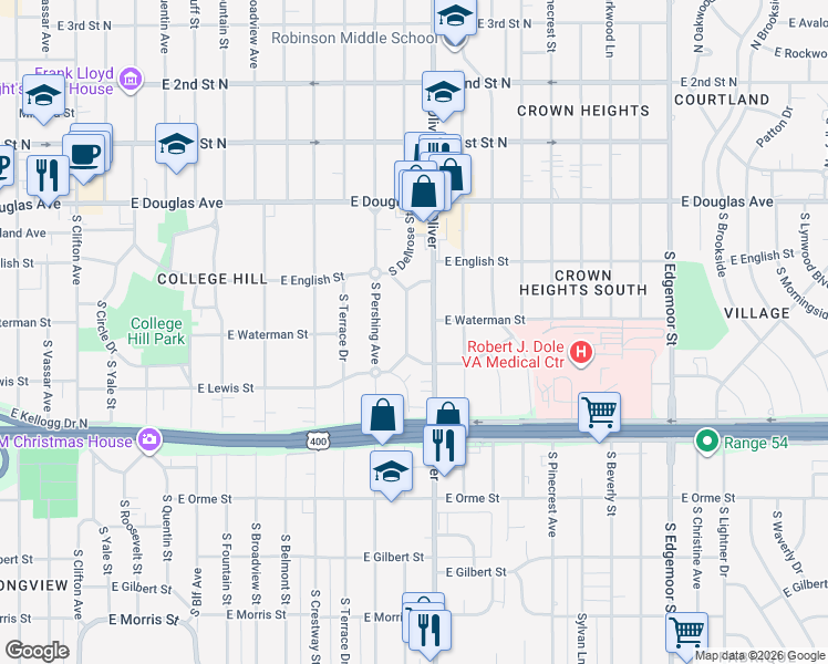 map of restaurants, bars, coffee shops, grocery stores, and more near 237 Oliver in Wichita
