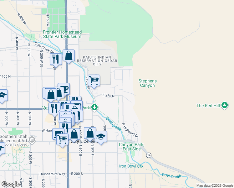 map of restaurants, bars, coffee shops, grocery stores, and more near 379 East 275 North in Cedar City