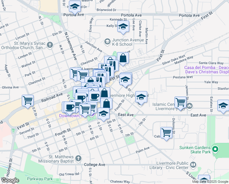 map of restaurants, bars, coffee shops, grocery stores, and more near 287 Maple Street in Livermore