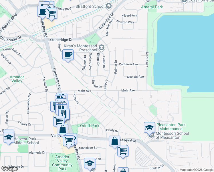 map of restaurants, bars, coffee shops, grocery stores, and more near 3509 Kamp Drive in Pleasanton