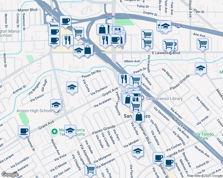 map of restaurants, bars, coffee shops, grocery stores, and more near 539 Grant Avenue in San Lorenzo