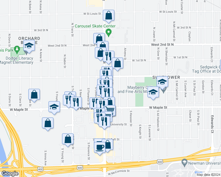 map of restaurants, bars, coffee shops, grocery stores, and more near 149 South Illinois Street in Wichita