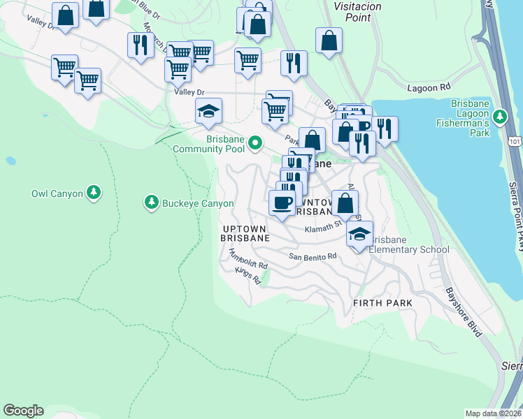 map of restaurants, bars, coffee shops, grocery stores, and more near 526 Klamath Street in Brisbane