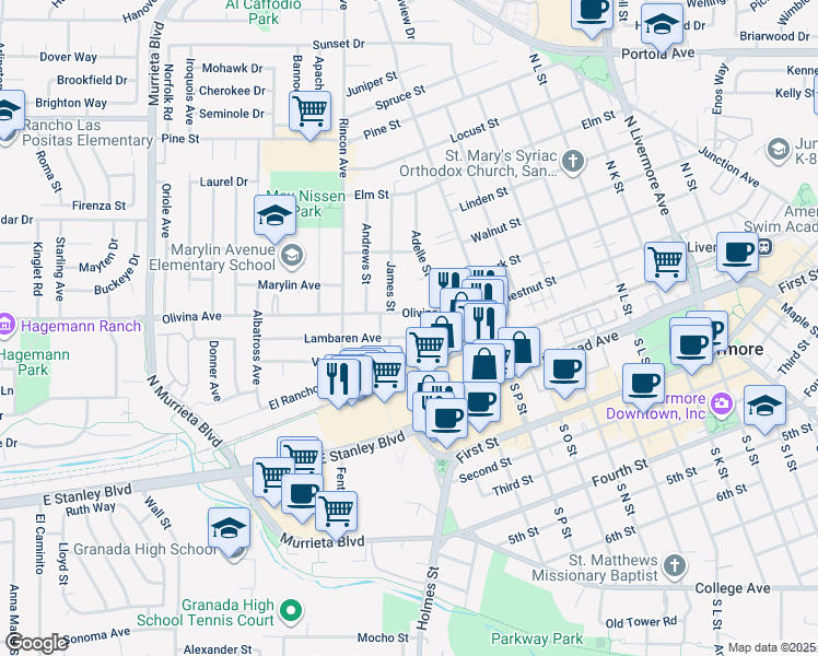 map of restaurants, bars, coffee shops, grocery stores, and more near 1346 Lambaren Avenue in Livermore