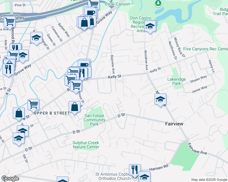 map of restaurants, bars, coffee shops, grocery stores, and more near 22882 Upland Way in Hayward