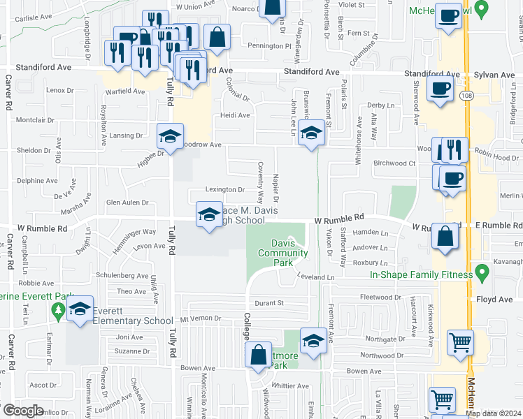 map of restaurants, bars, coffee shops, grocery stores, and more near 1004 Wellington Drive in Modesto