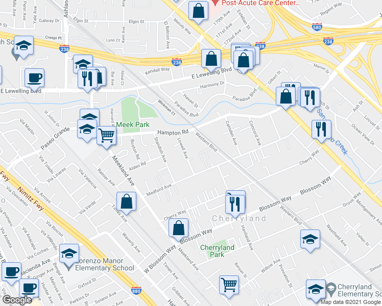 map of restaurants, bars, coffee shops, grocery stores, and more near 19066 Lowell Avenue in Hayward