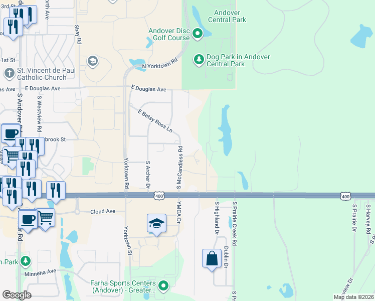 map of restaurants, bars, coffee shops, grocery stores, and more near 300 South McCandless Road in Andover