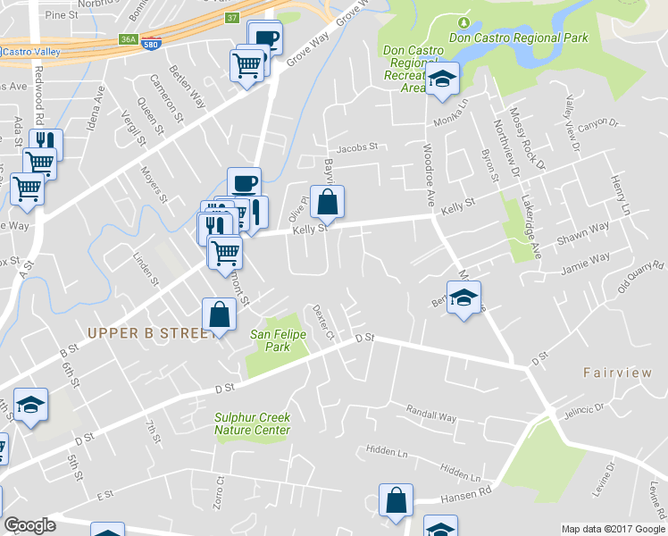 map of restaurants, bars, coffee shops, grocery stores, and more near 22882 Upland Way in Hayward