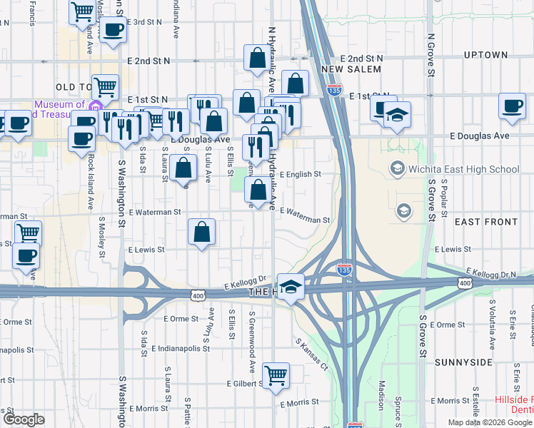map of restaurants, bars, coffee shops, grocery stores, and more near 303 South Hydraulic Avenue in Wichita