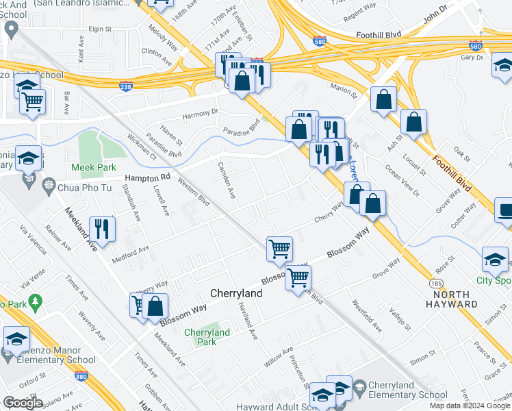 map of restaurants, bars, coffee shops, grocery stores, and more near 20649 Agnes Lane in Hayward