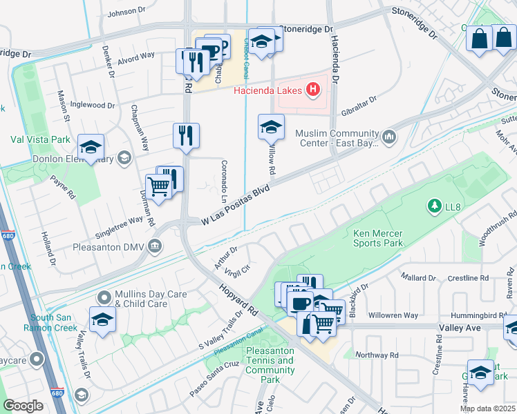 map of restaurants, bars, coffee shops, grocery stores, and more near 5964 West Las Positas Boulevard in Pleasanton