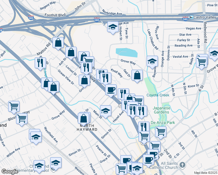 map of restaurants, bars, coffee shops, grocery stores, and more near 21660 Foothill Way in Hayward