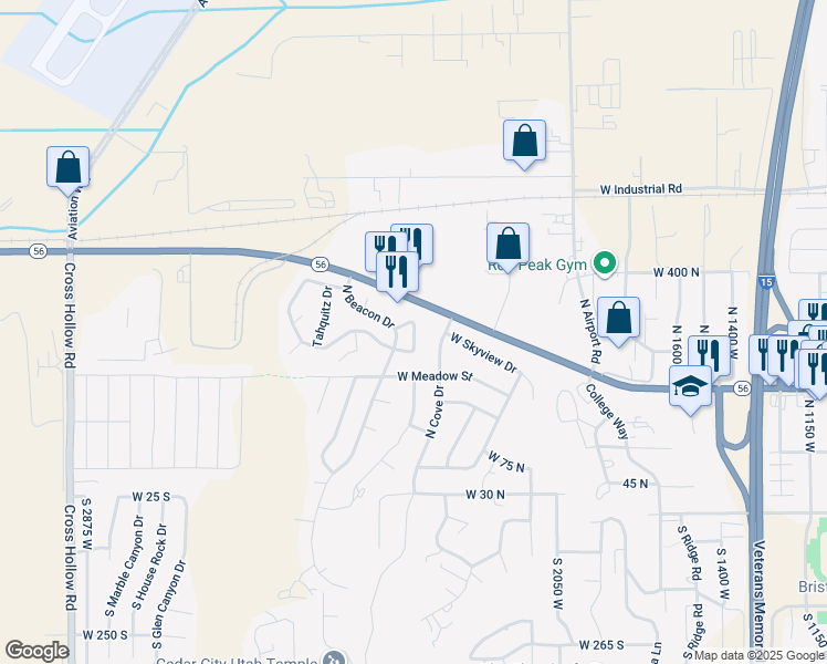 map of restaurants, bars, coffee shops, grocery stores, and more near 297 North Torrey Pines Circle in Cedar City