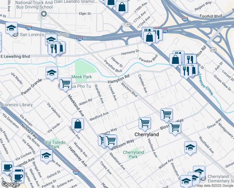 map of restaurants, bars, coffee shops, grocery stores, and more near 19070 Lowell Avenue in Hayward