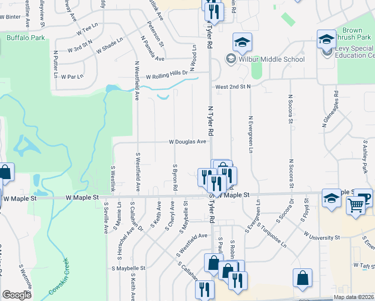 map of restaurants, bars, coffee shops, grocery stores, and more near 8909 West Douglas Avenue in Wichita