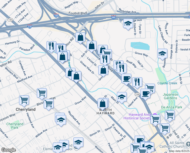 map of restaurants, bars, coffee shops, grocery stores, and more near 21459 Ocean View Drive in Hayward