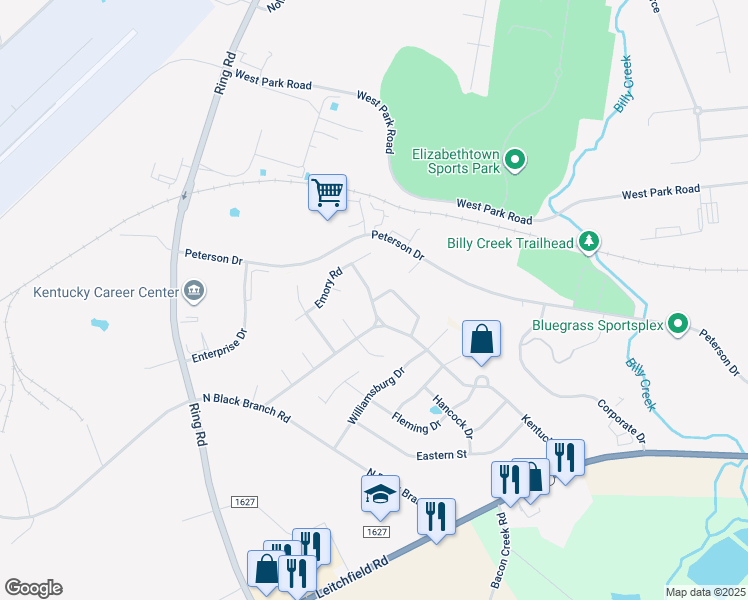 map of restaurants, bars, coffee shops, grocery stores, and more near 498 Berea Rd in Elizabethtown