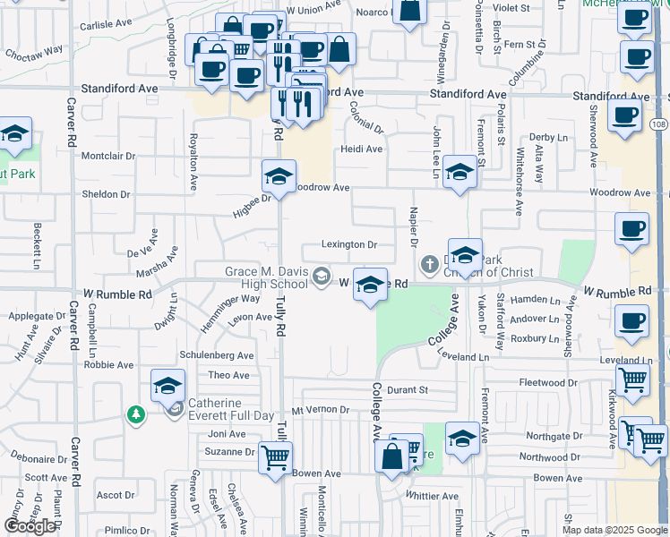 map of restaurants, bars, coffee shops, grocery stores, and more near 1116 Wellington Drive in Modesto