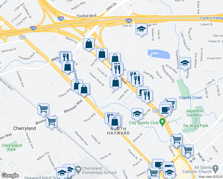 map of restaurants, bars, coffee shops, grocery stores, and more near 21480 Ocean View Drive in Hayward