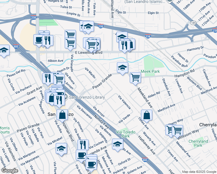 map of restaurants, bars, coffee shops, grocery stores, and more near 16045 Via Cordoba in San Lorenzo