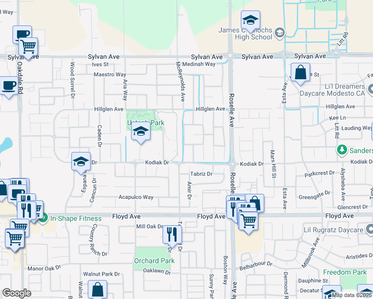 map of restaurants, bars, coffee shops, grocery stores, and more near 2805 Kings Park Lane in Modesto
