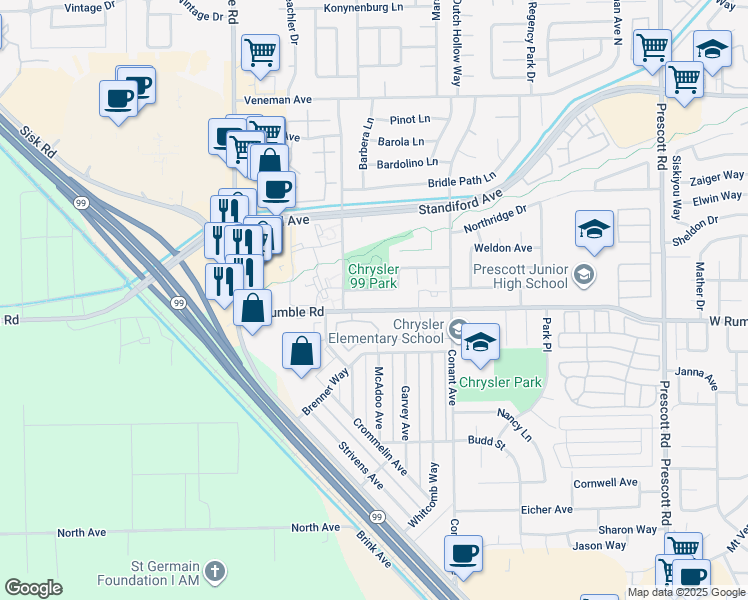 map of restaurants, bars, coffee shops, grocery stores, and more near English Oaks Dr in Modesto