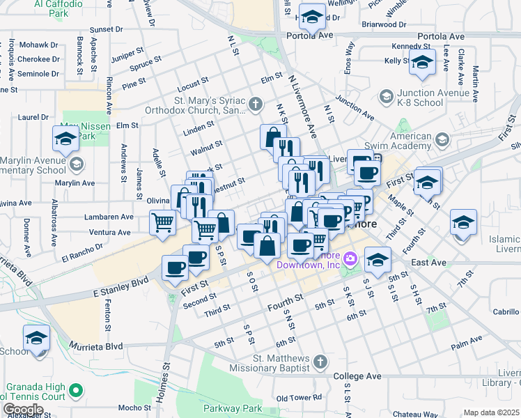 map of restaurants, bars, coffee shops, grocery stores, and more near 153 Zephyr Place in Livermore