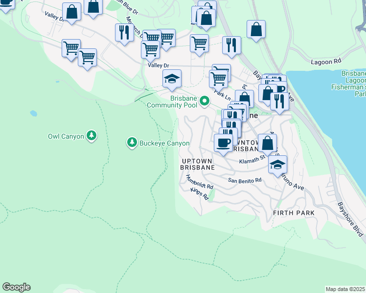 map of restaurants, bars, coffee shops, grocery stores, and more near 206 Trinity Road in Brisbane