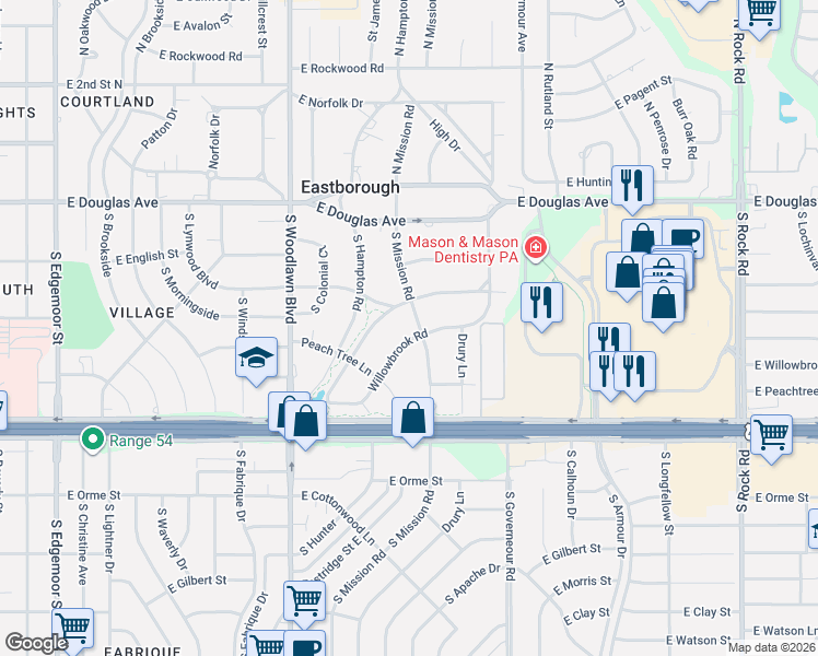 map of restaurants, bars, coffee shops, grocery stores, and more near 56 South Mission Road in Eastborough