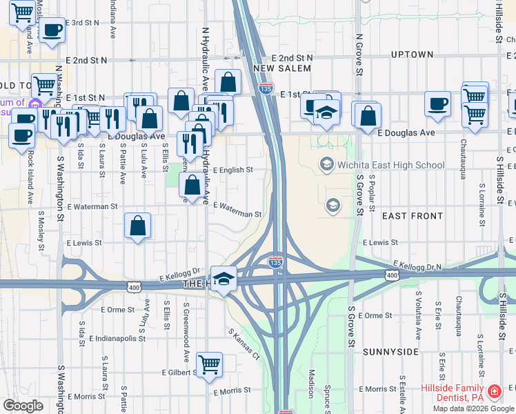 map of restaurants, bars, coffee shops, grocery stores, and more near 253 Minnesota in Wichita