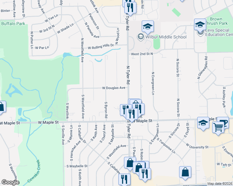 map of restaurants, bars, coffee shops, grocery stores, and more near 8909 West Douglas Avenue in Wichita