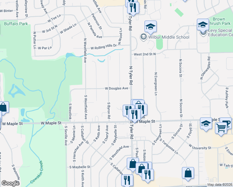 map of restaurants, bars, coffee shops, grocery stores, and more near 8909 West Douglas Avenue in Wichita
