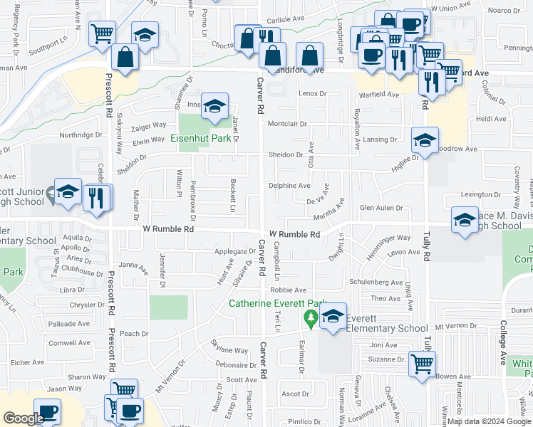 map of restaurants, bars, coffee shops, grocery stores, and more near 3016 Carver Road in Modesto