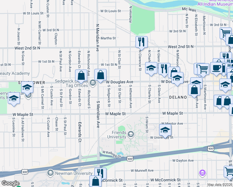 map of restaurants, bars, coffee shops, grocery stores, and more near 126 South Saint Clair Avenue in Wichita