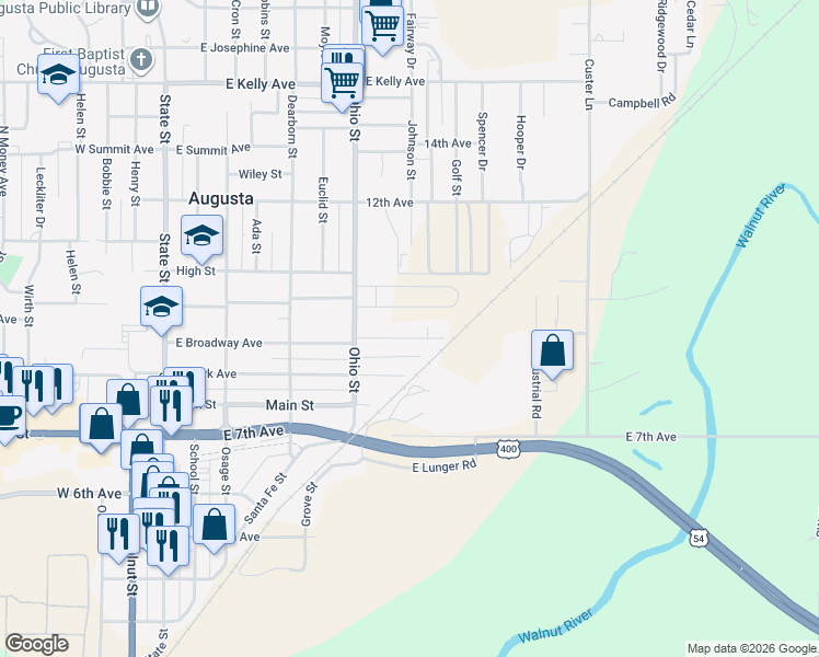 map of restaurants, bars, coffee shops, grocery stores, and more near 444 East Broadway Avenue in Augusta