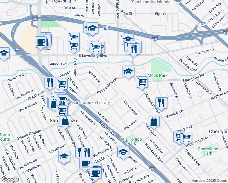 map of restaurants, bars, coffee shops, grocery stores, and more near 16045 Via Cordoba in San Lorenzo