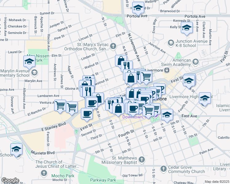 map of restaurants, bars, coffee shops, grocery stores, and more near 157 Zephyr Place in Livermore