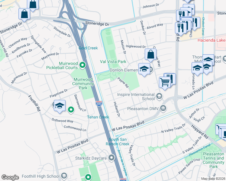 map of restaurants, bars, coffee shops, grocery stores, and more near 4661 Holland Drive in Pleasanton