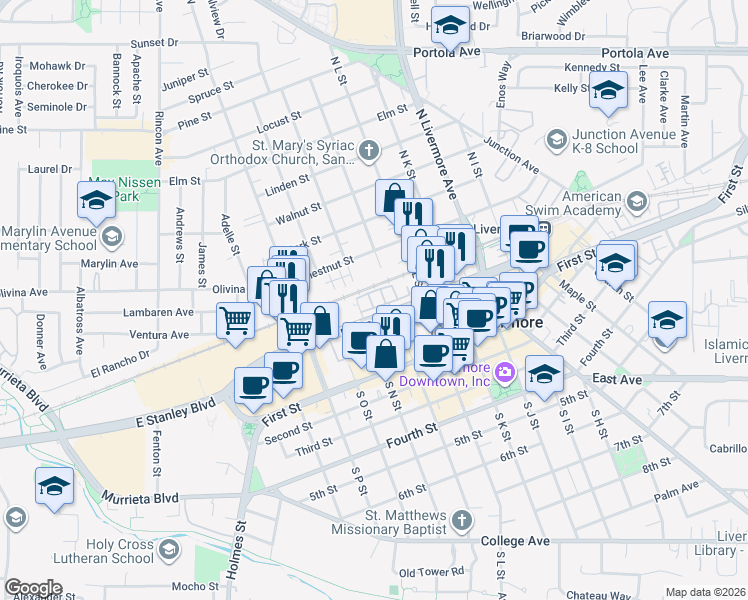 map of restaurants, bars, coffee shops, grocery stores, and more near 157 Zephyr Place in Livermore