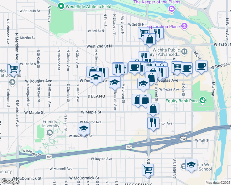 map of restaurants, bars, coffee shops, grocery stores, and more near 214 South Elizabeth Street in Wichita