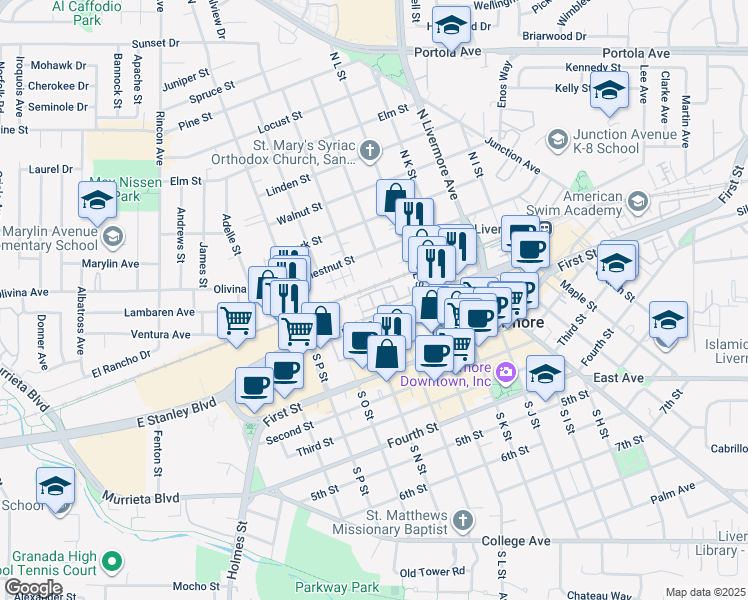 map of restaurants, bars, coffee shops, grocery stores, and more near 153 Zephyr Place in Livermore