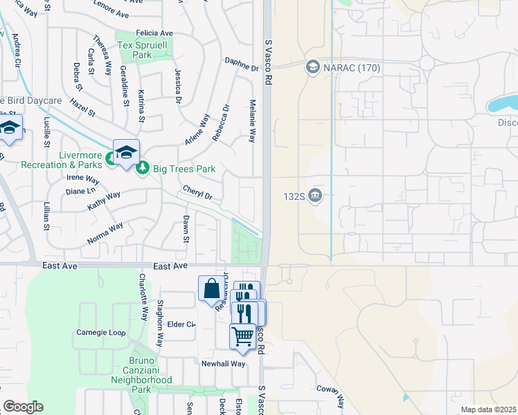 map of restaurants, bars, coffee shops, grocery stores, and more near 1745 Embassy Circle in Livermore
