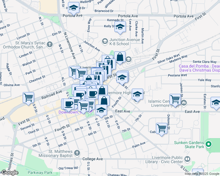 map of restaurants, bars, coffee shops, grocery stores, and more near 211 Maple Street in Livermore