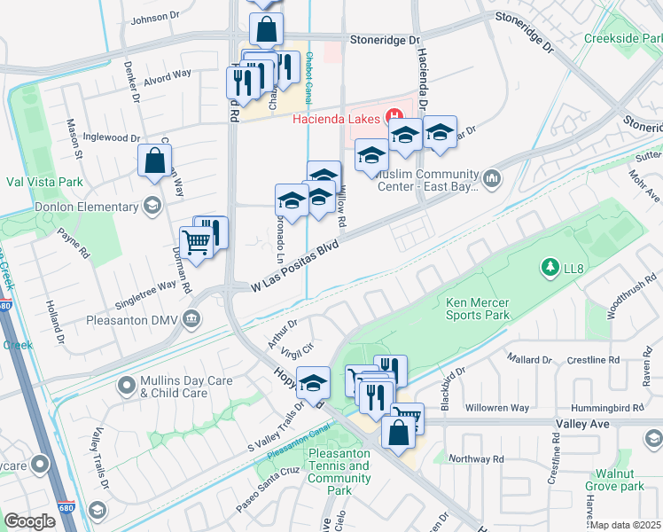 map of restaurants, bars, coffee shops, grocery stores, and more near 5964 West Las Positas Boulevard in Pleasanton